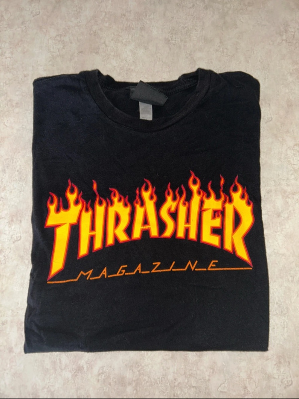 Thrasher Black Tee with Yellow and Red Flame Logo